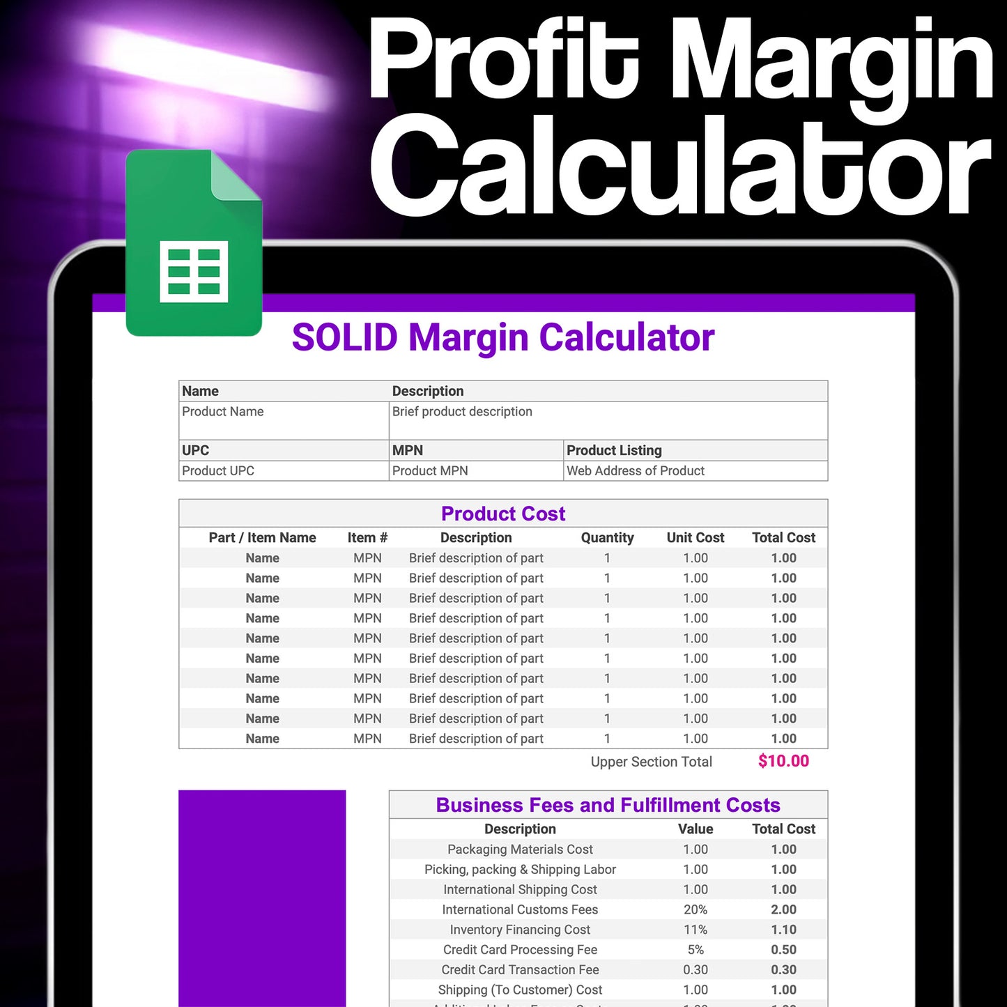 Profit Margin Calculator, Markup & Pricing Tool Template